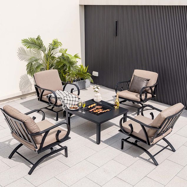 5-Piece Patio Conversation Set – 4 Rocking Chairs & 4-in-1 Fire Pit ...