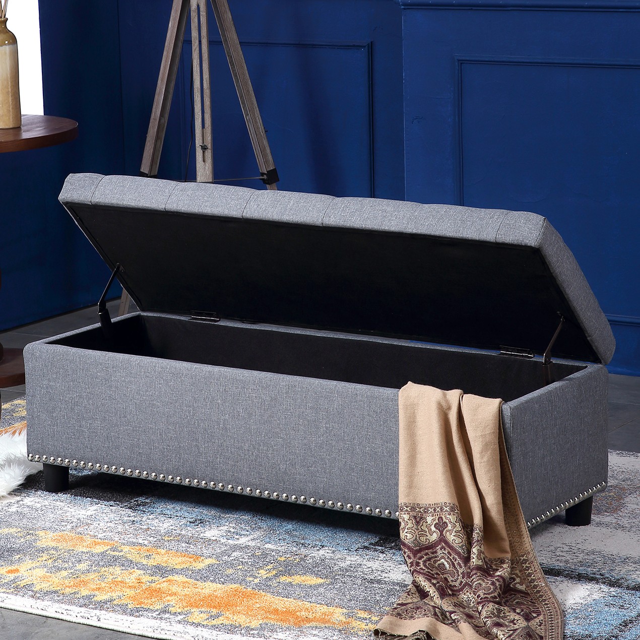 Belleze Rectangular Storage Fabric Ottoman Bench Tufted Footrest Belleze 48" Rectangular Storage Ottoman Bench Tufted Footrest Lift Top