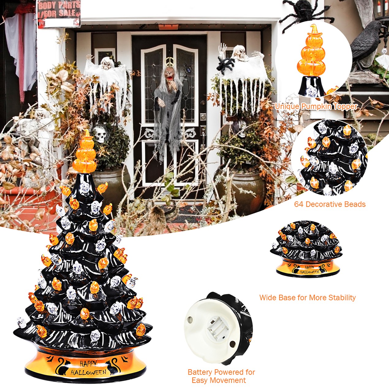 Costway 15'' Pre-Lit Ceramic Hand-Painted Tabletop Halloween Tree