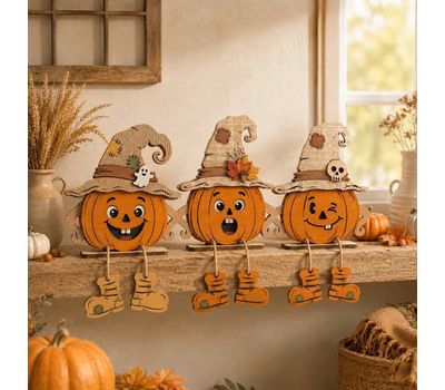 3Pack: Fall Halloween Wooden Pumpkin Gnome Desktop Decoration