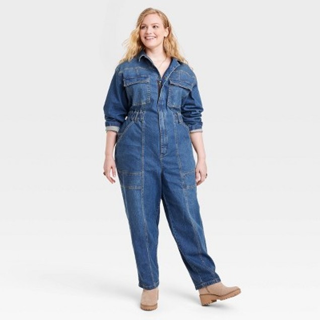 Women s Long Sleeve Denim Jumpsuit Universal Thread Indigo 24