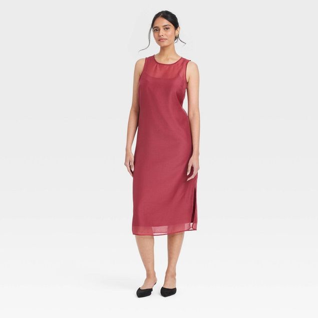 a new day burgundy dress A New Day Women's Organza Midi Shift Burgundy Sheer Dress (Medium)