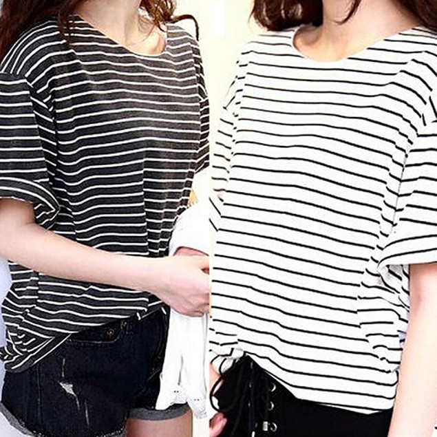 Casual Round Neck Striped Pattern Half Batwing Sleeve - BelleChic