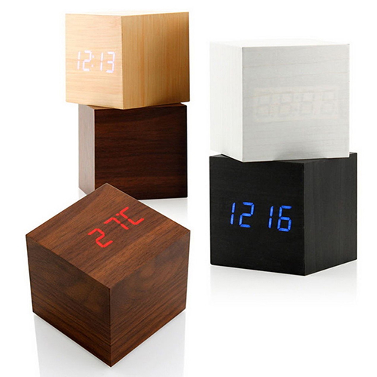 Wooden Cube Digital LED Thermometer Calendar Alarm Clock - BelleChic