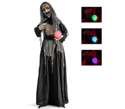 Costway 6ft Halloween Animatronics Standing Witch Talking Animated Wicked Witch with Light Up Eyes & Magical Ball Sound Activated