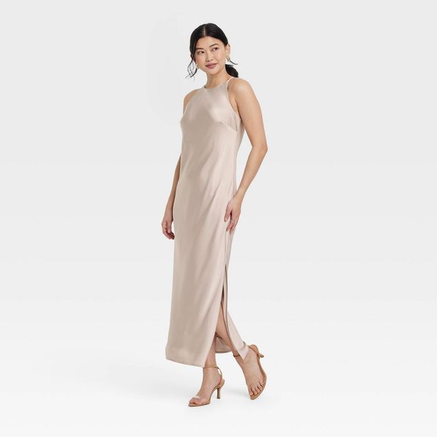 halter open back slip dress Diamond Halter Bias Midi Slip Bridesmaid Dress With Convertible Straps In Cabernet