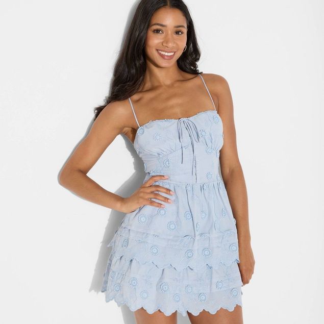 wild fable blue dress Women's Bell Long Sleeve Lace Trim Mini Dress