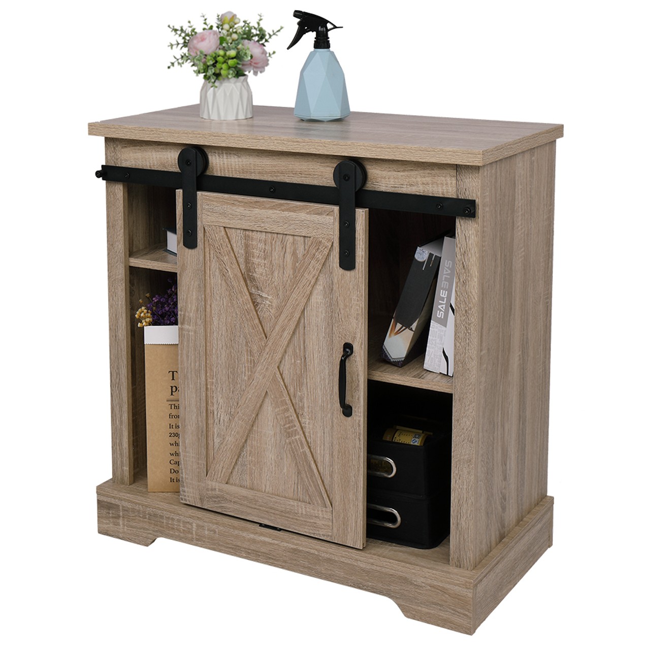 Sliding X-Design Barn Door Entryway Cabinet TV Stand White Oak - Tanga