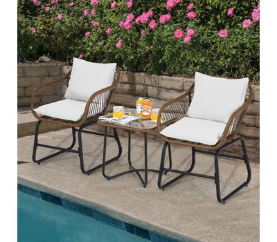 Costway 3-Piece Patio Rattan Bistro Set Cushioned Chair Glass Table Deck