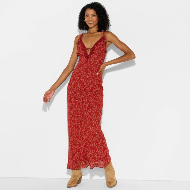 wild fable dress Women's Satin Lace Trim Midi Slip - Fable Salmon Pink Floral L day comfort Women's Lace Trim Maxi Empire