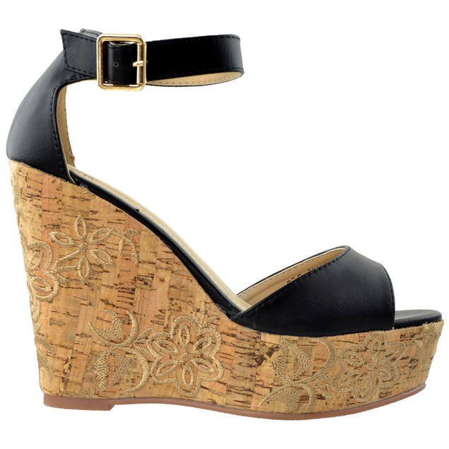 Womens Platform Sandals Ankle Strap Embroidered  Cork Heel Wedges Black