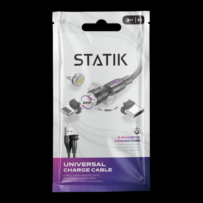 Static 360 Statik 6ft 360 Degree Universal 3-in-1 Charging Cable - Black - Tanga