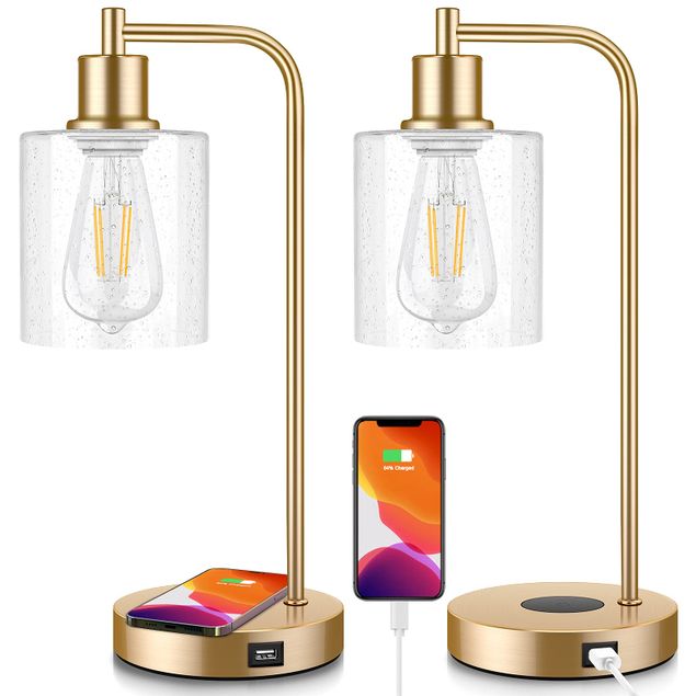 Network Lamp BOSCEOS SET OF 2 WIRELESS CHARGING INDUSTRIAL TABLE LAMPS - GOLD - Tanga