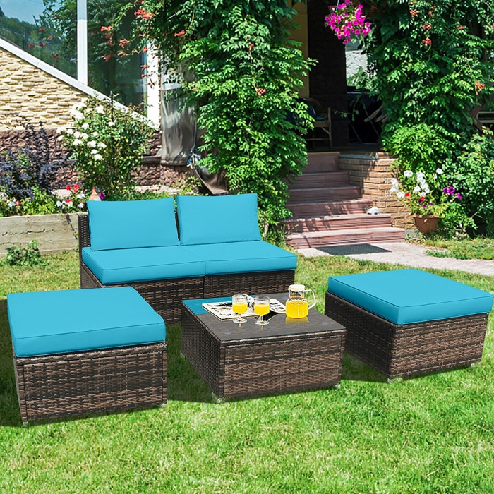 Costway 5PCS Patio Rattan Wicker Furniture Set Armless Sofa Cushioned