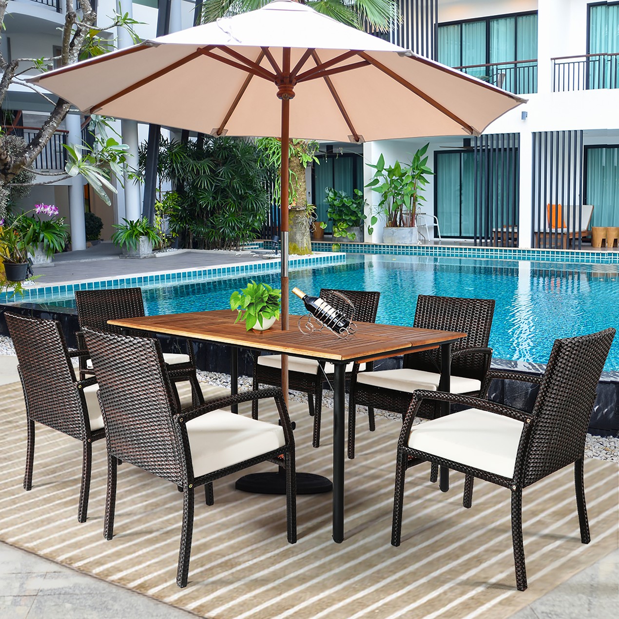 Costway 7PCS Patio Rattan Dining Set Chair Wooden Table Top W/Umbrella