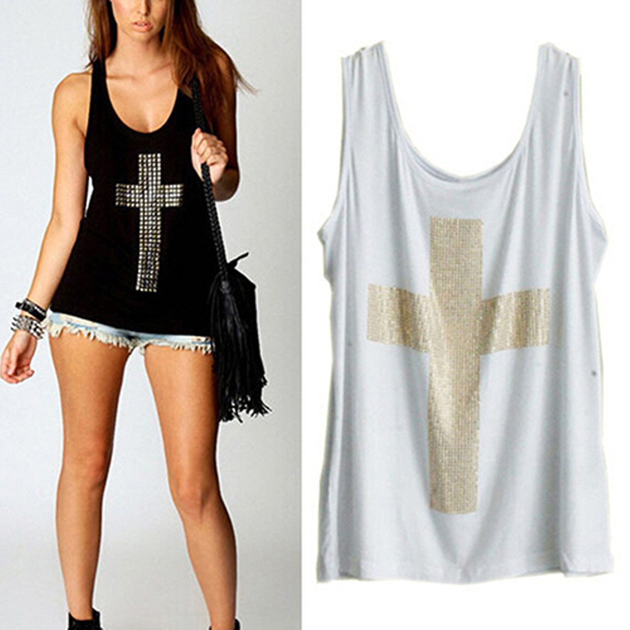 Rhinestones Tank Top Cross Pattern - BelleChic