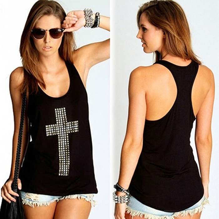 Rhinestones Tank Top Cross Pattern - BelleChic