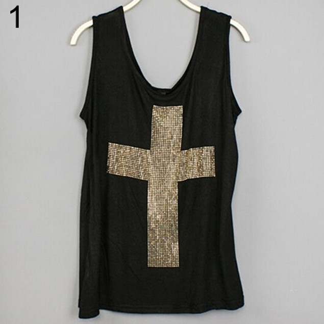 Rhinestones Tank Top Cross Pattern - BelleChic