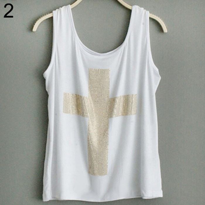 Rhinestones Tank Top Cross Pattern - BelleChic