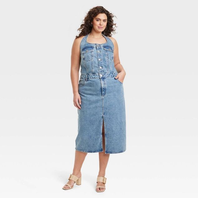 New - Women's Denim Midi Dress - Universal Thread Medium Wash 0 New - Women's Denim Midi Dress - Universal Thread Medium Wash 0