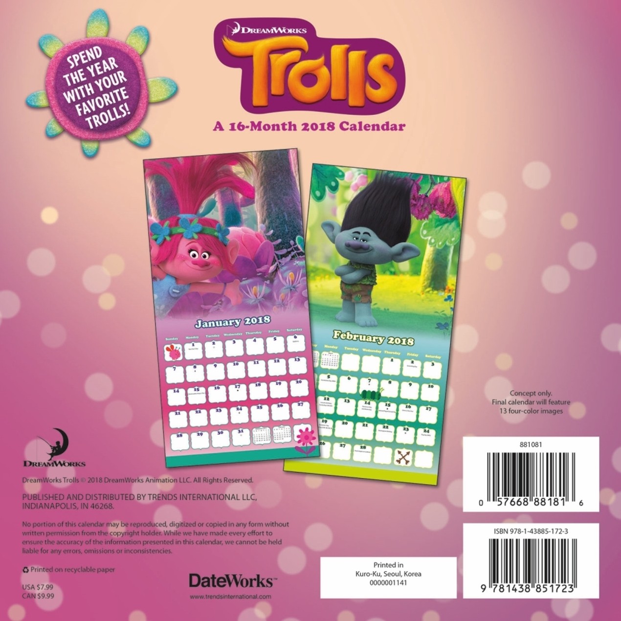 Trolls Mini Wall Calendar, Animated Movies by Calendars Tanga