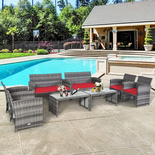 8 Piece Set: Costway Outdoor Rattan Set With Glass Table Top