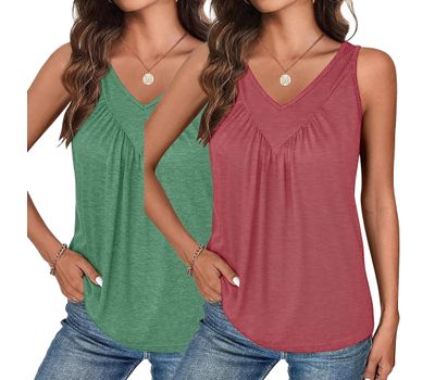 2-Pack Women's V-Neck Ruched Tank Tops – Loose Fit Sleeveless Summer Tops