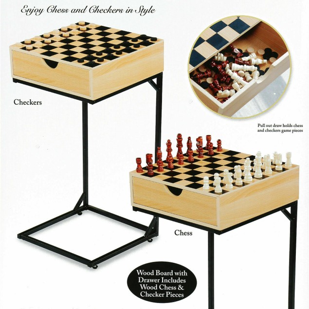 Wooden Side Table W/ Drawer 2 in 1 Chess Checkers Game Set C Shape ...