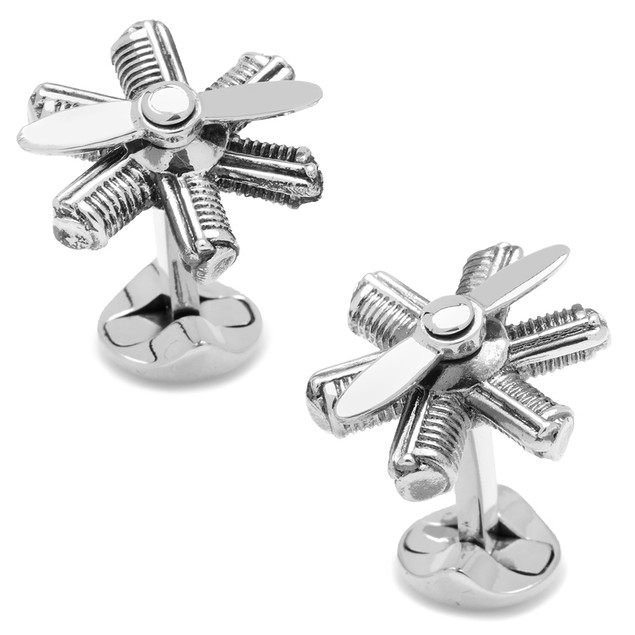 Silver Plated Moving Plane Engine Propeller Mens Cuff Links - Tanga