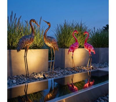 2-Piece Metal Crane & Flamingo Garden Statues – Outdoor Yard & Lawn Decor