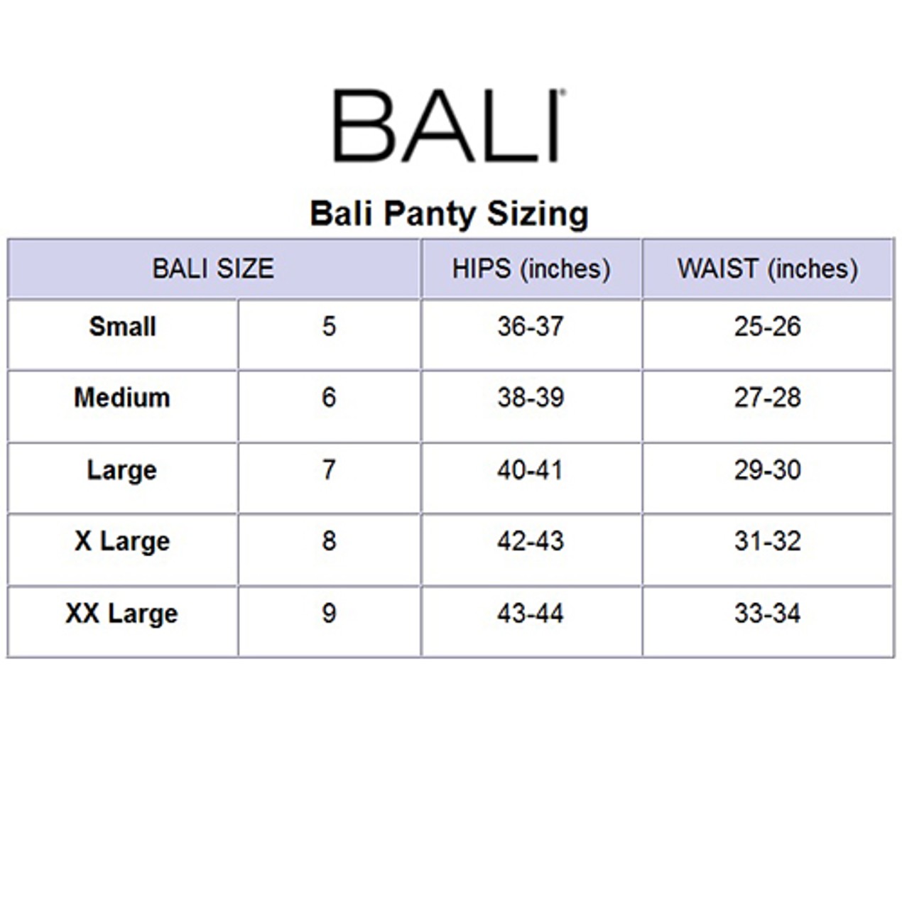 Bali Women S Size Chart