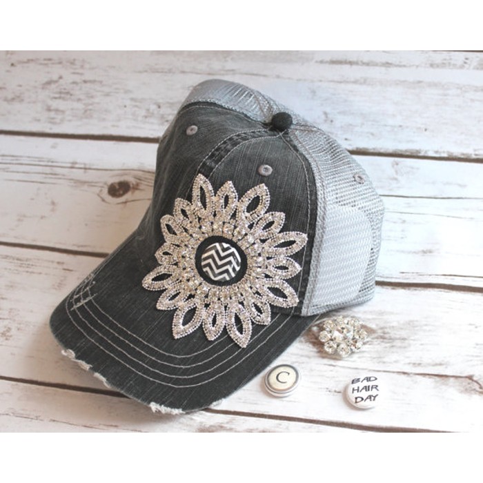 Rhinestone Trucker Hat w/ Interchangeable Charms - BelleChic
